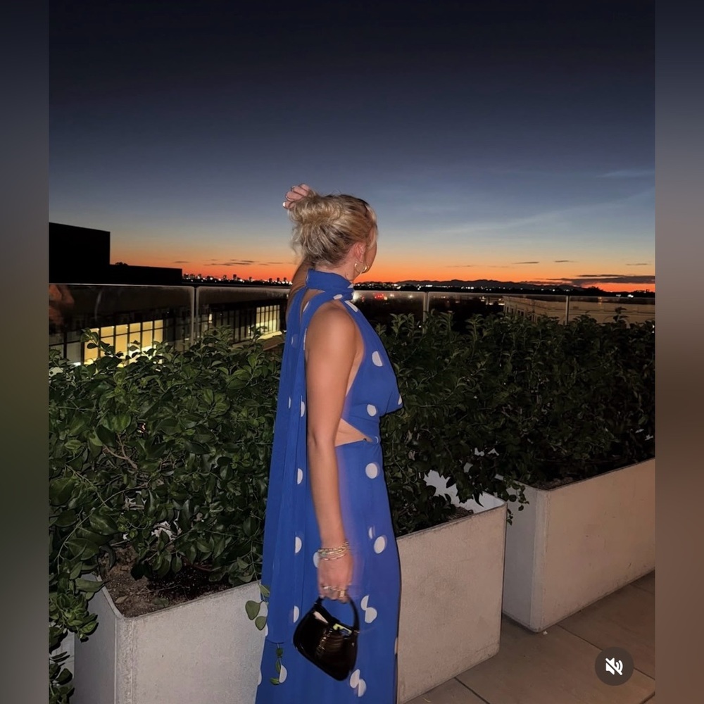 Zara Blue Polka Dot Halter Dress scarf open back maxi long evening party wedding - Picture 3 of 13